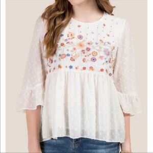 Francesca’s Bell Sleeves Floral Embroidered Dots Top Sz M